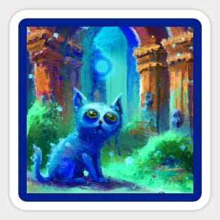 Cute Blue Cat Got Lost in the Ancient Ruins Sticker